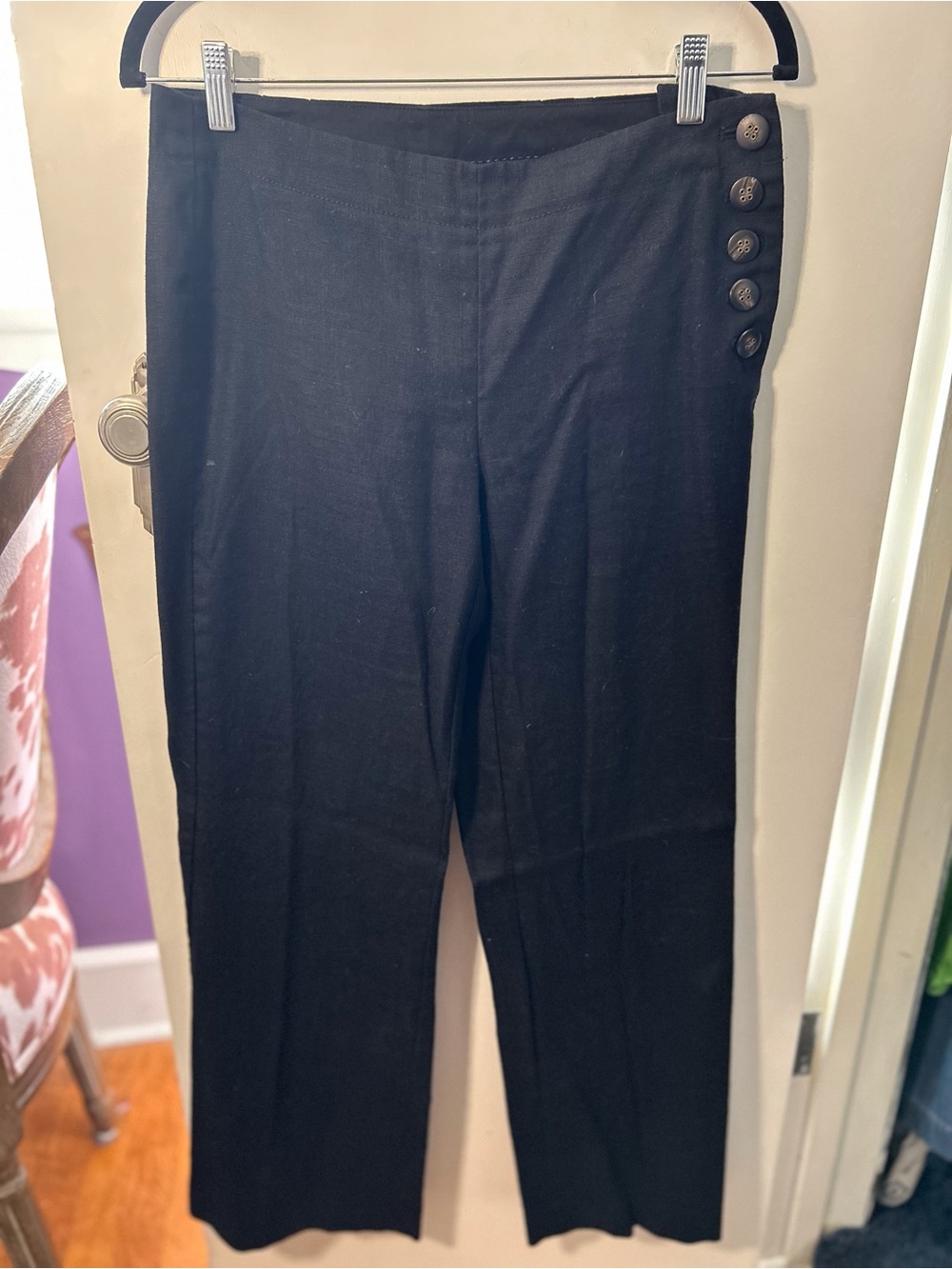 elevenses Black Linen Pants with Side Button Detail